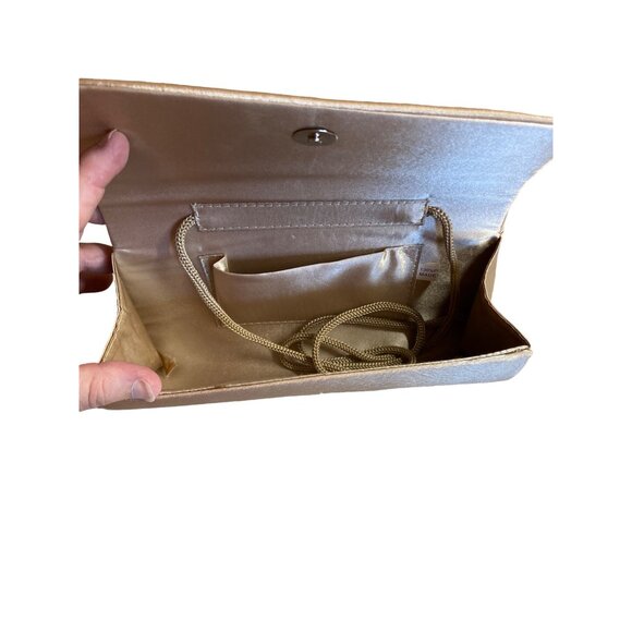 Womens Gold Satin Evening Clutch Purse Rhinestone Detail Chain Strap Formal - Picture 6 of 8
